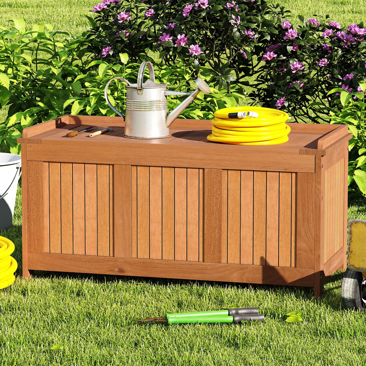Outdoor Wood Deck Box 3-in-1 Storage Bench for Cushions and Tools